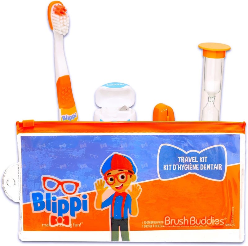 Blippi مجموعة فرشاة الأسنان للسفر للأطفال - حزمة مع فرشاة أسنان يدوية، غطاء، خيط، مؤقت، حقيبة، ملصقات والمزيد للأولاد، الأطفال الصغار | مجموعة العناية بالفم للسفر - Image 2